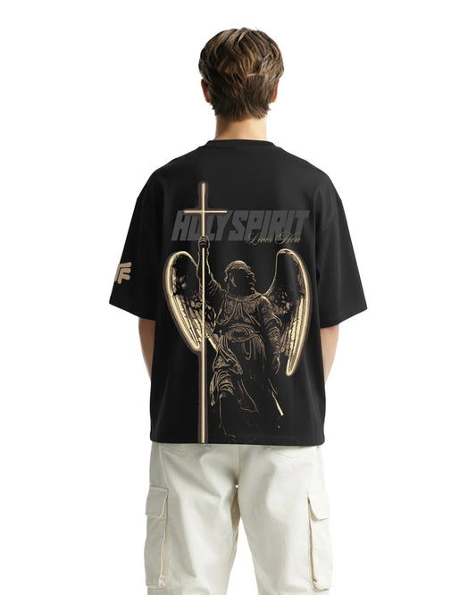 Clothav Holy Spirit Lives Here Graphic Oversized T-Shirt for Men & Women | Black Angel Print Streetwear Tee