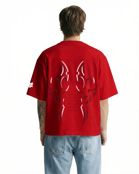 Clothav Tribal Flame Graphic Red Oversized T-Shirt for Men & Women | Abstract Back Print Streetwear