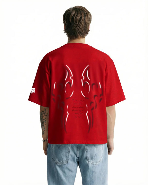 Clothav Tribal Flame Graphic Red Oversized T-Shirt for Men & Women | Abstract Back Print Streetwear