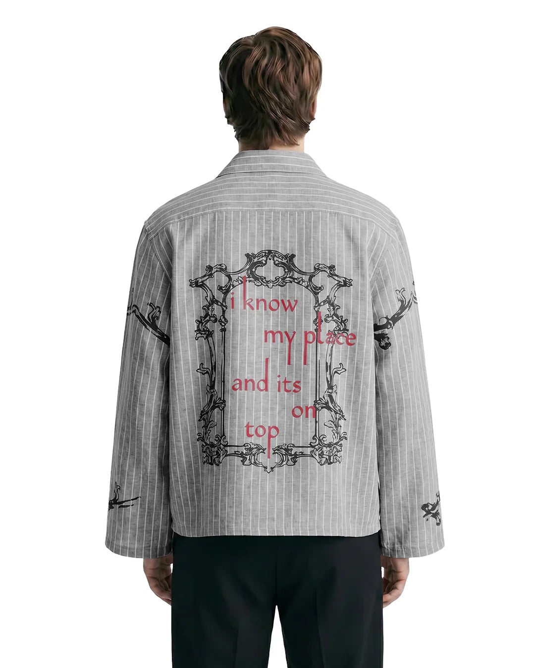 Clothav I Know My Place Graphic Grey Pinstripe Oversized Shirt Jacket for Men & Women | Statement Back Print Streetwear