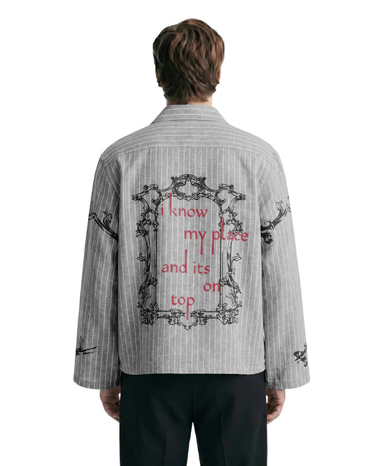 Clothav I Know My Place Graphic Grey Pinstripe Oversized Shirt Jacket for Men & Women | Statement Back Print Streetwear