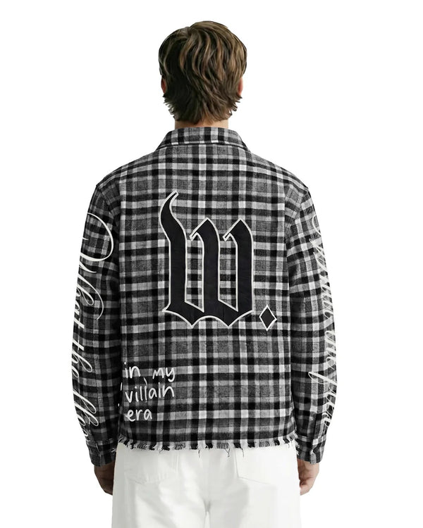 Clothav In My Villain Era Graphic Black Plaid Oversized Shirt Jacket for Men & Women | Statement Back Print Streetwear