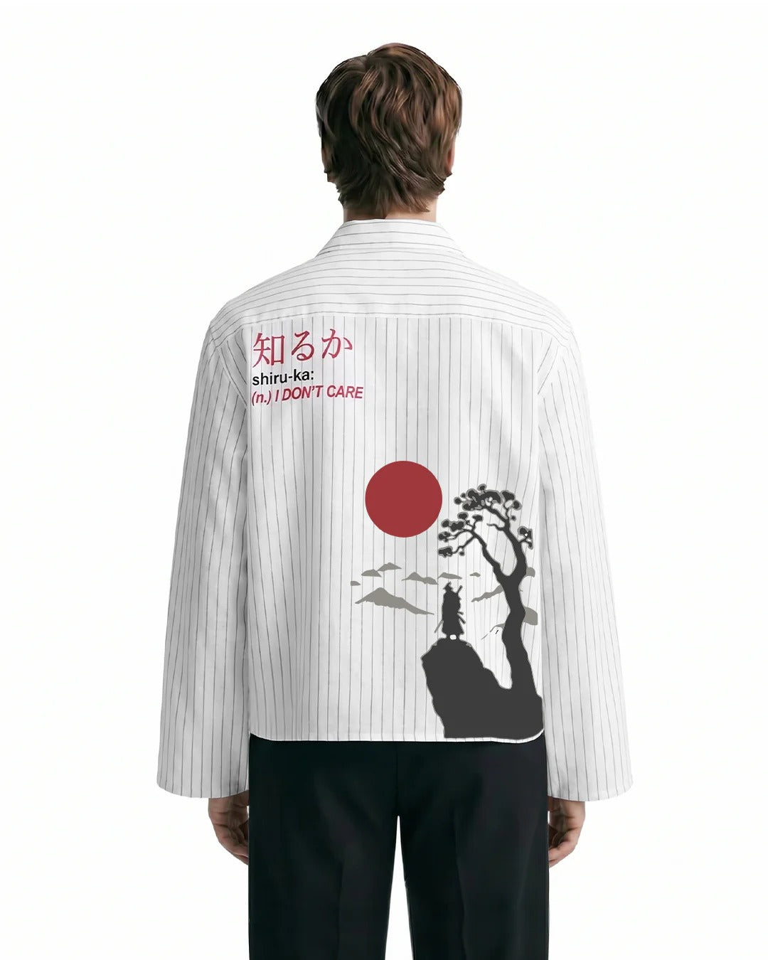 Clothav Shiru-Ka I Don't Care Graphic White Pinstripe Oversized Shirt Jacket for Men & Women | Japanese Streetwear Back Print