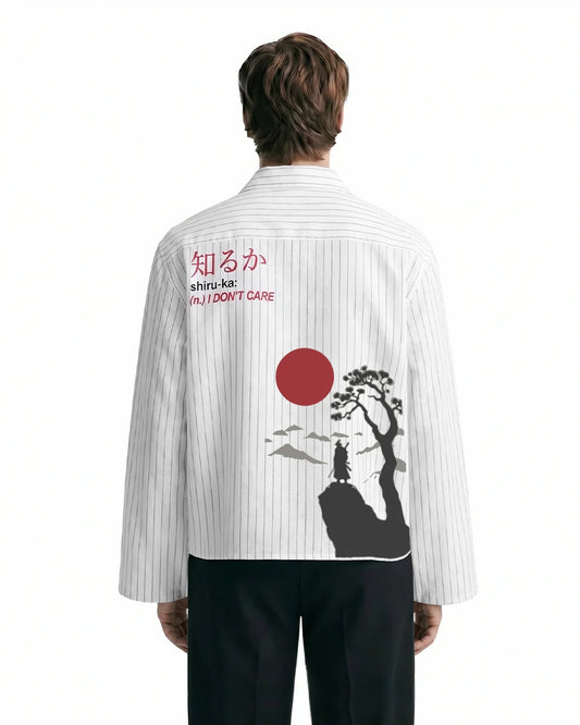 Clothav Shiru-Ka I Don't Care Graphic White Pinstripe Oversized Shirt Jacket for Men & Women | Japanese Streetwear Back Print