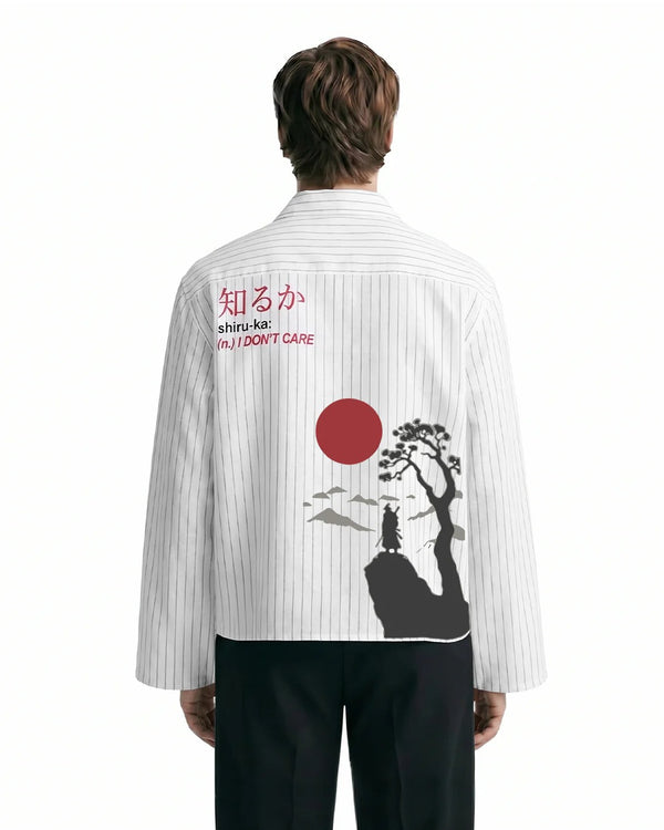 Clothav Shiru-Ka I Don't Care Graphic White Pinstripe Oversized Shirt Jacket for Men & Women | Japanese Streetwear Back Print