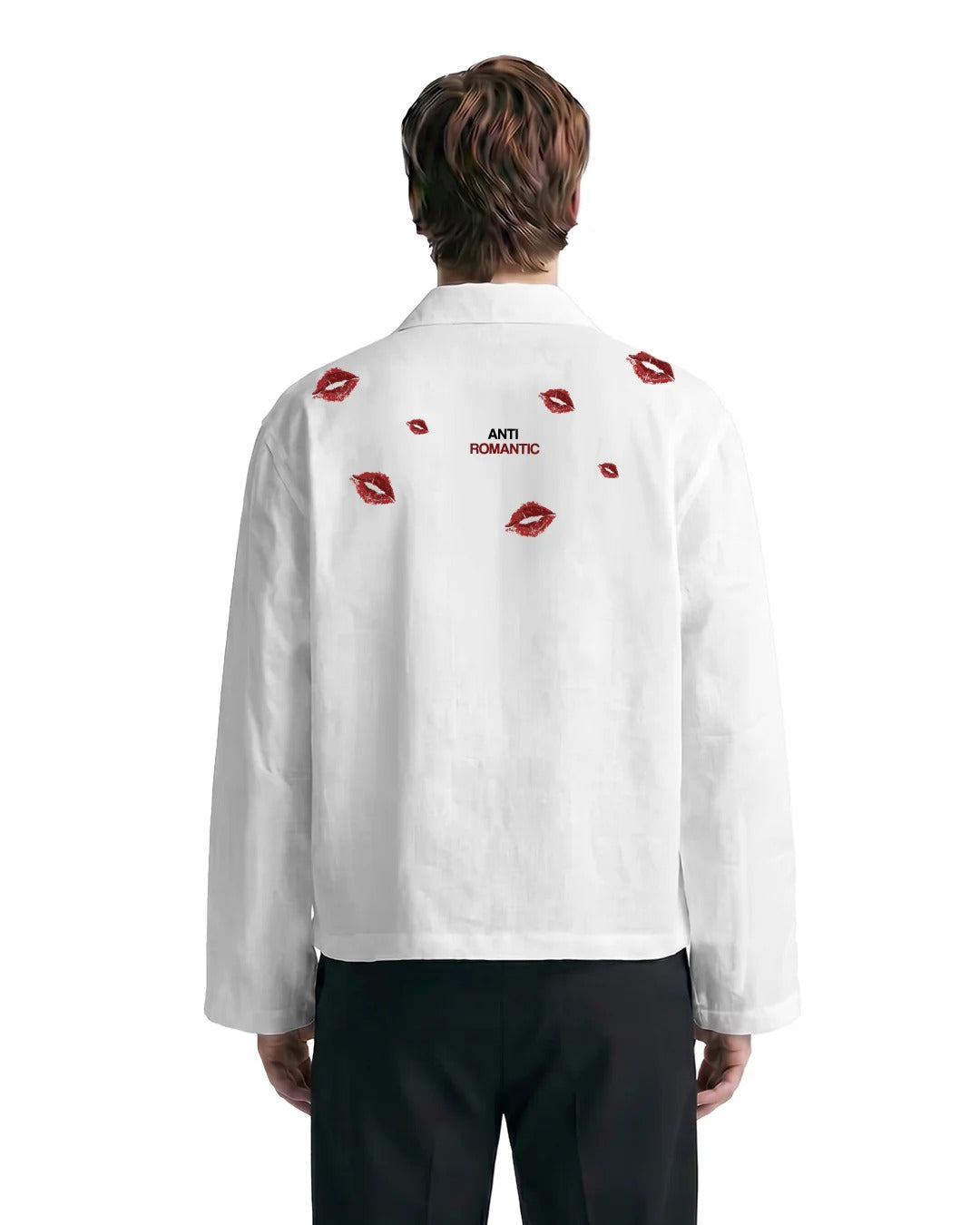 Clothav Anti Romantic Kiss Print White Oversized Shirt Jacket for Men & Women | Graphic Back Print Casual Streetwear