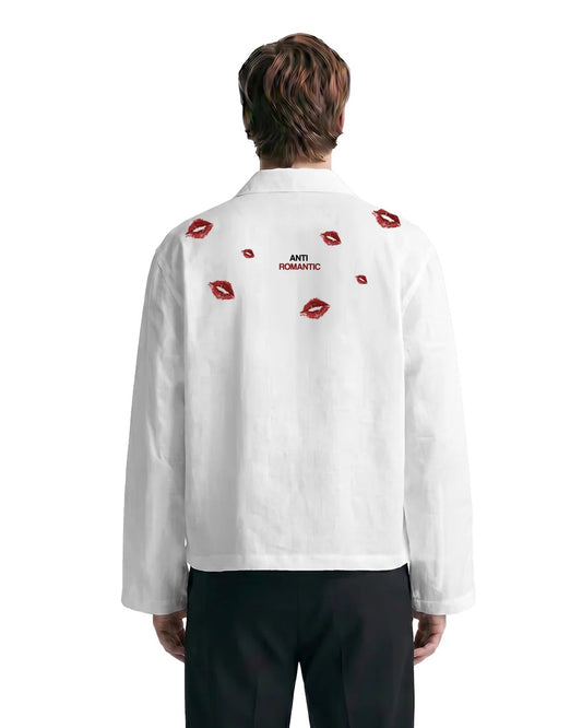 Clothav Anti Romantic Kiss Print White Oversized Shirt Jacket for Men & Women | Graphic Back Print Casual Streetwear