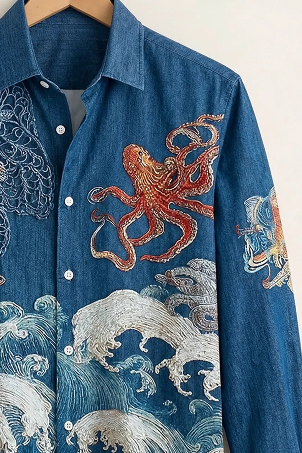Clothav Men's Premium Blue Ocean Wave & Octopus Printed Full Sleeve Shirt | Artistic Sea Graphic Casual Shirt | XS–6XL