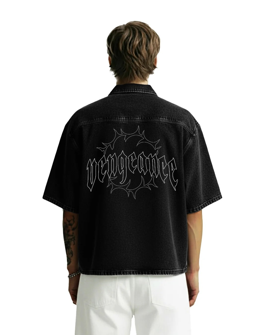Clothav What The Flex Black Washed Denim Oversized Half Sleeve Shirt for Men & Women | Minimal Graphic Streetwear