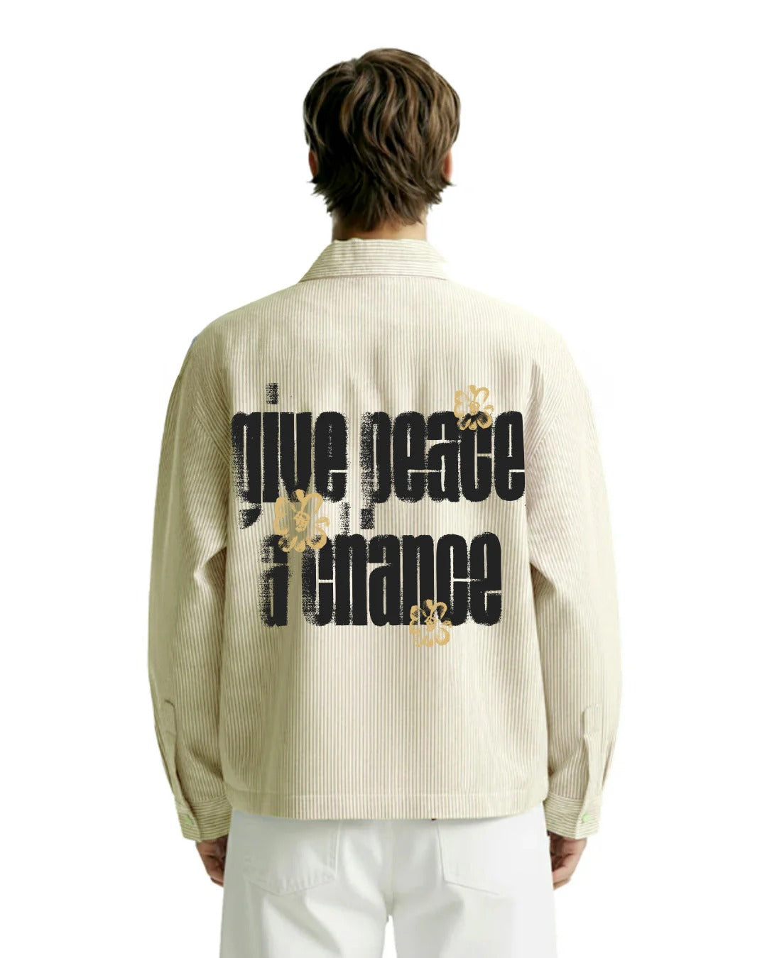 Clothav Give Peace A Chance Graphic Cream Pinstripe Oversized Shirt Jacket for Men & Women | Statement Back Print Streetwear