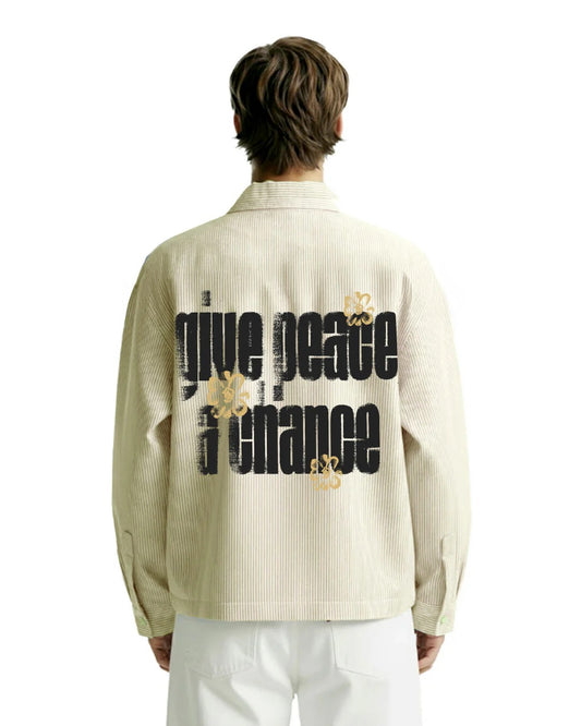 Clothav Give Peace A Chance Graphic Cream Pinstripe Oversized Shirt Jacket for Men & Women | Statement Back Print Streetwear
