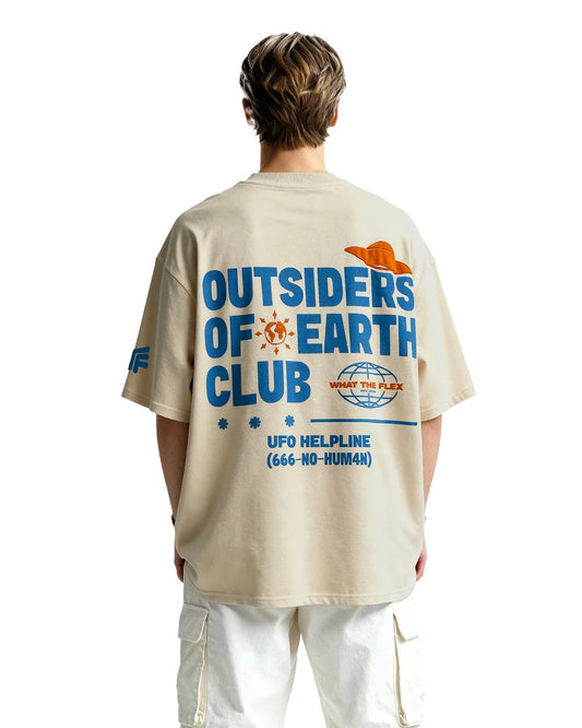 Clothav Outsiders Of Earth Club Graphic Oversized T-Shirt for Men & Women | Beige UFO Streetwear Tee