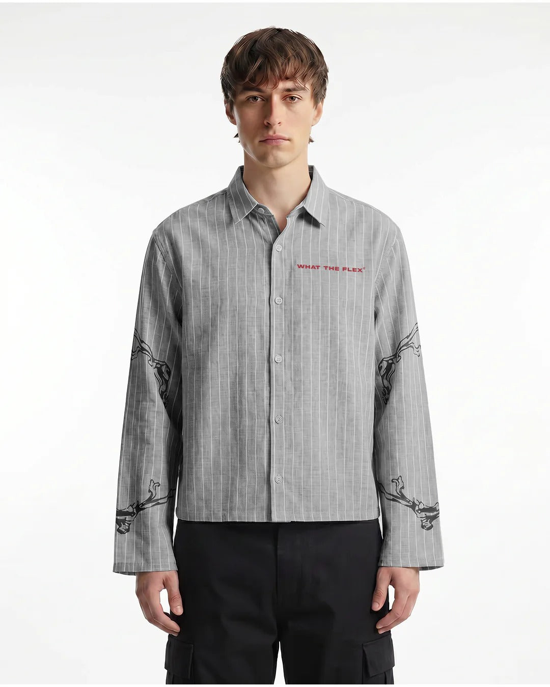 Clothav I Know My Place Graphic Grey Pinstripe Oversized Shirt Jacket for Men & Women | Statement Back Print Streetwear