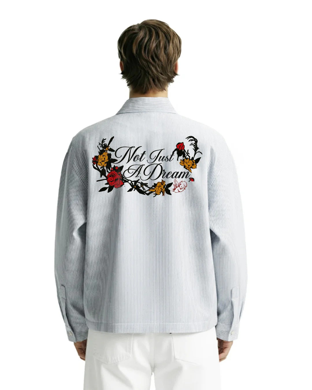 Clothav Not Just A Dream Floral Graphic White Pinstripe Oversized Shirt Jacket for Men & Women | Statement Back Print Streetwear