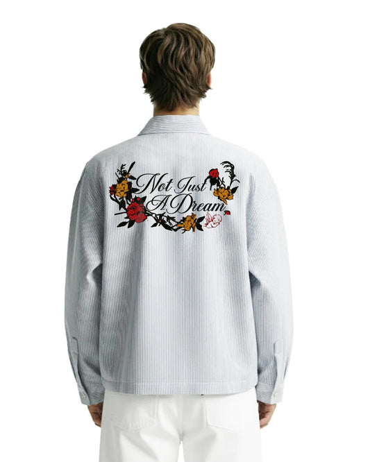 Clothav Not Just A Dream Floral Graphic White Pinstripe Oversized Shirt Jacket for Men & Women | Statement Back Print Streetwear