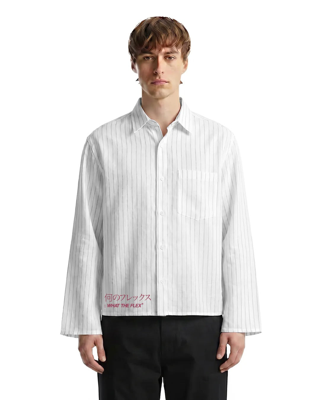 Clothav Shiru-Ka I Don't Care Graphic White Pinstripe Oversized Shirt Jacket for Men & Women | Japanese Streetwear Back Print