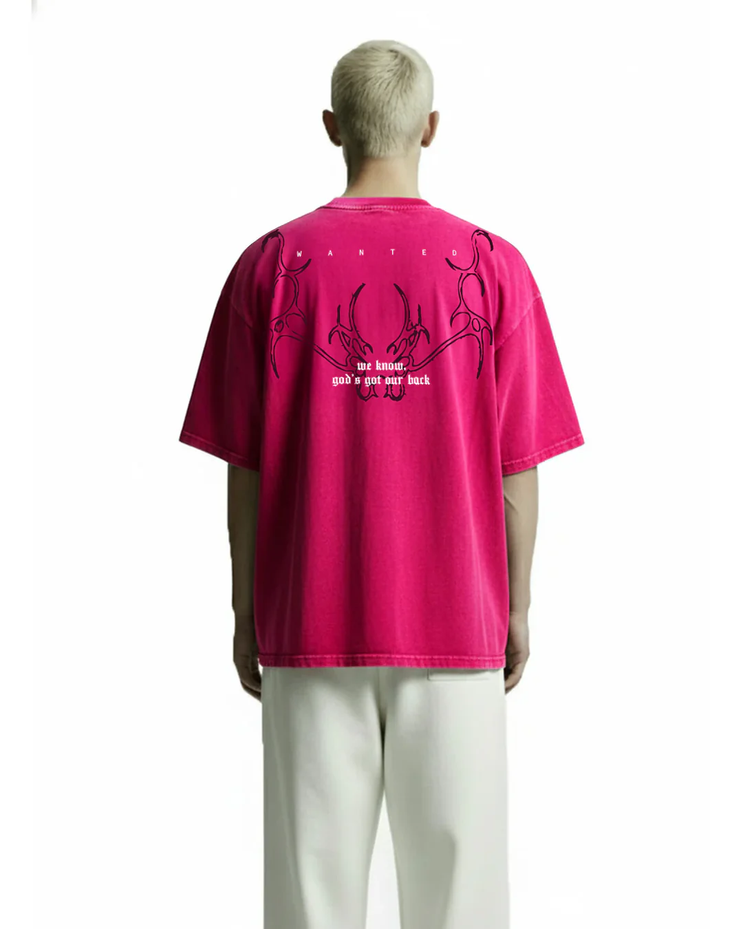 Clothav Wanted Graphic Pink Oversized T-Shirt for Men & Women | Statement Back Print Streetwear Tee