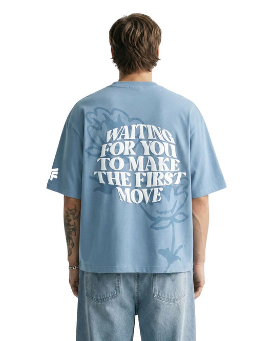 Clothav Waiting For You To Make The First Move Graphic Sky Blue Oversized T-Shirt for Men & Women | Statement Back Print Streetwear