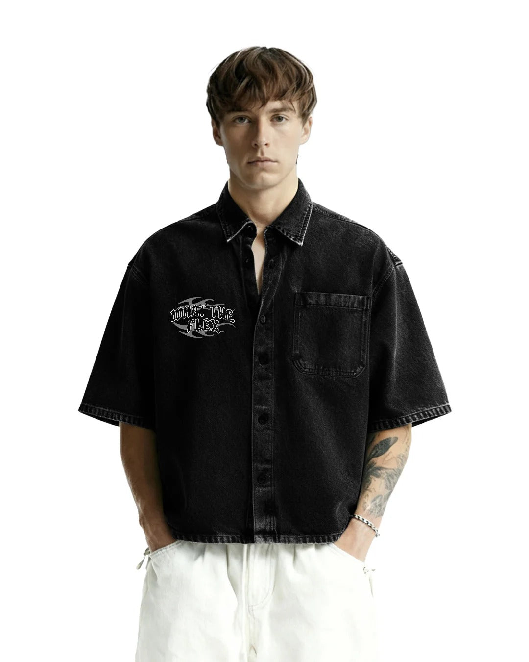 Clothav What The Flex Black Washed Denim Oversized Half Sleeve Shirt for Men & Women | Minimal Graphic Streetwear