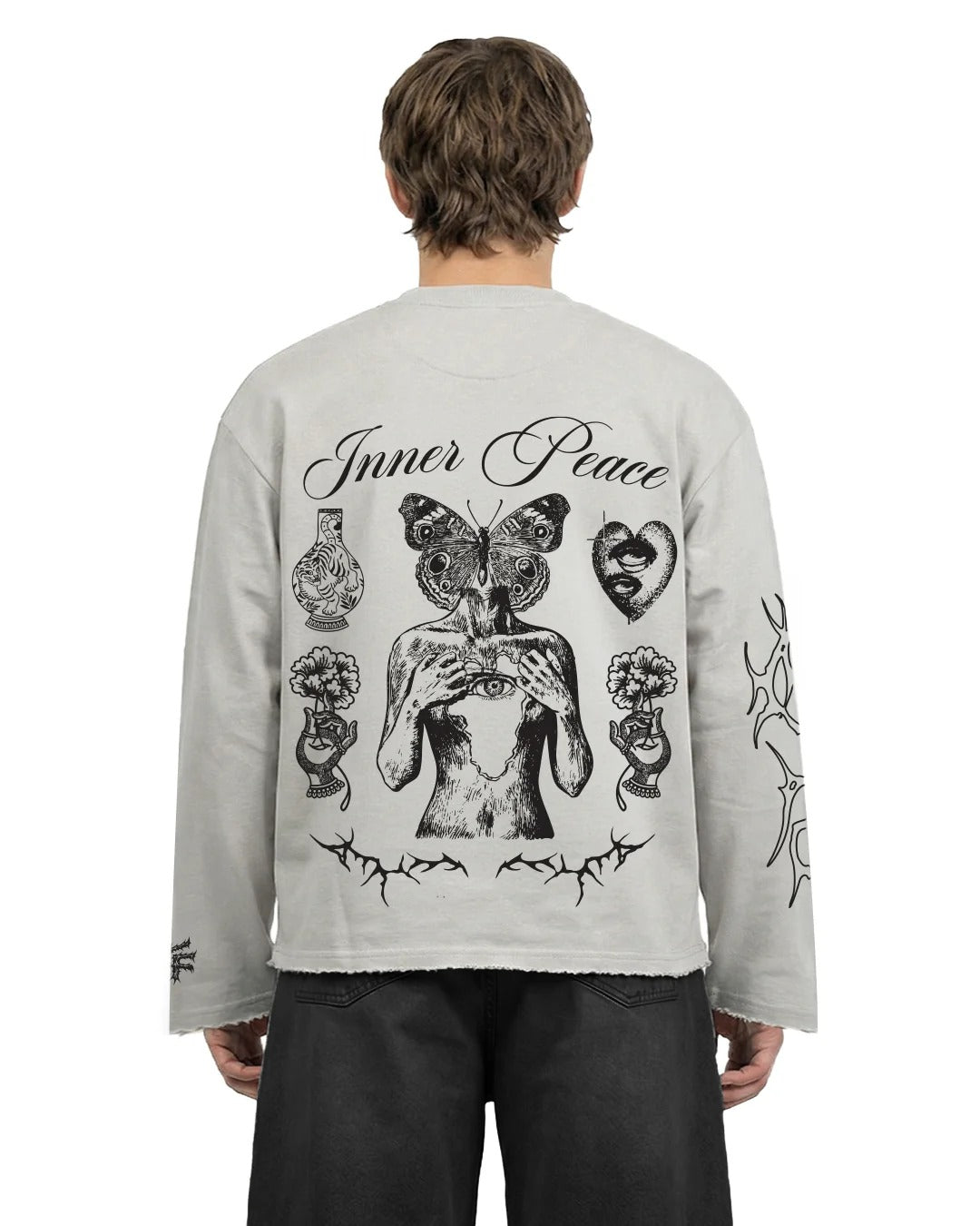 Clothav Inner Peace Graphic Oversized Full Sleeve T-Shirt for Men & Women | Off-White Abstract Art Streetwear Tee