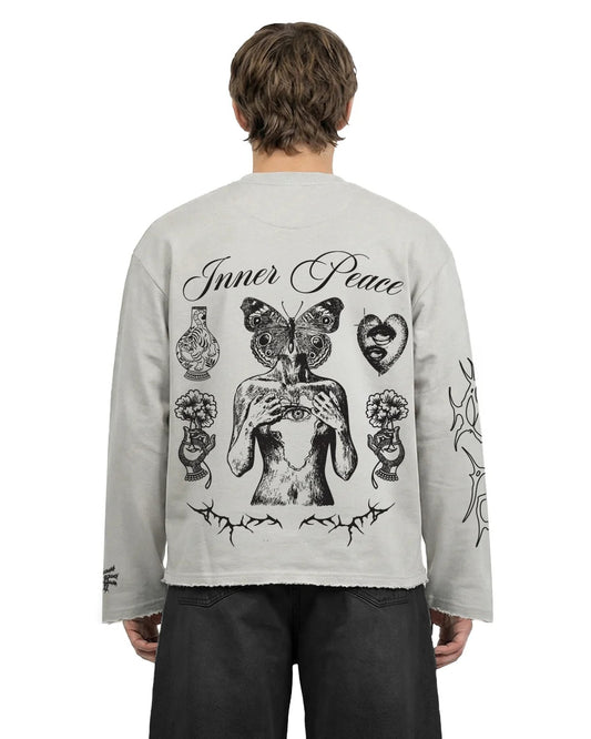 Clothav Inner Peace Graphic Oversized Full Sleeve T-Shirt for Men & Women | Off-White Abstract Art Streetwear Tee