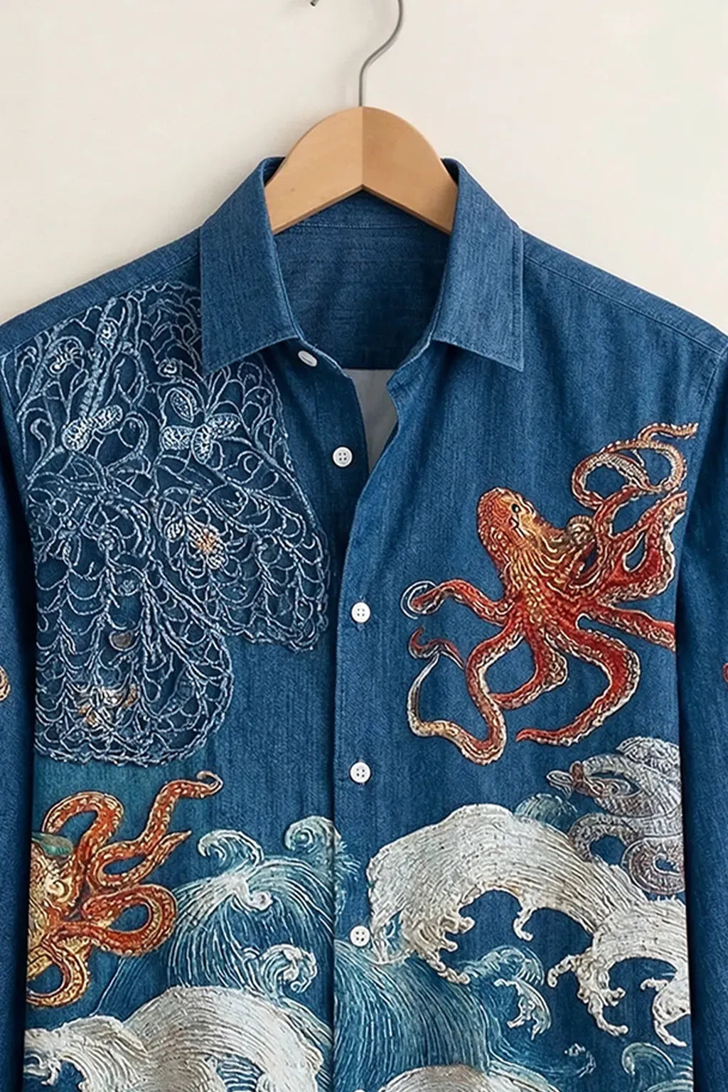 Clothav Men's Premium Blue Ocean Wave & Octopus Printed Full Sleeve Shirt | Artistic Sea Graphic Casual Shirt | XS–6XL
