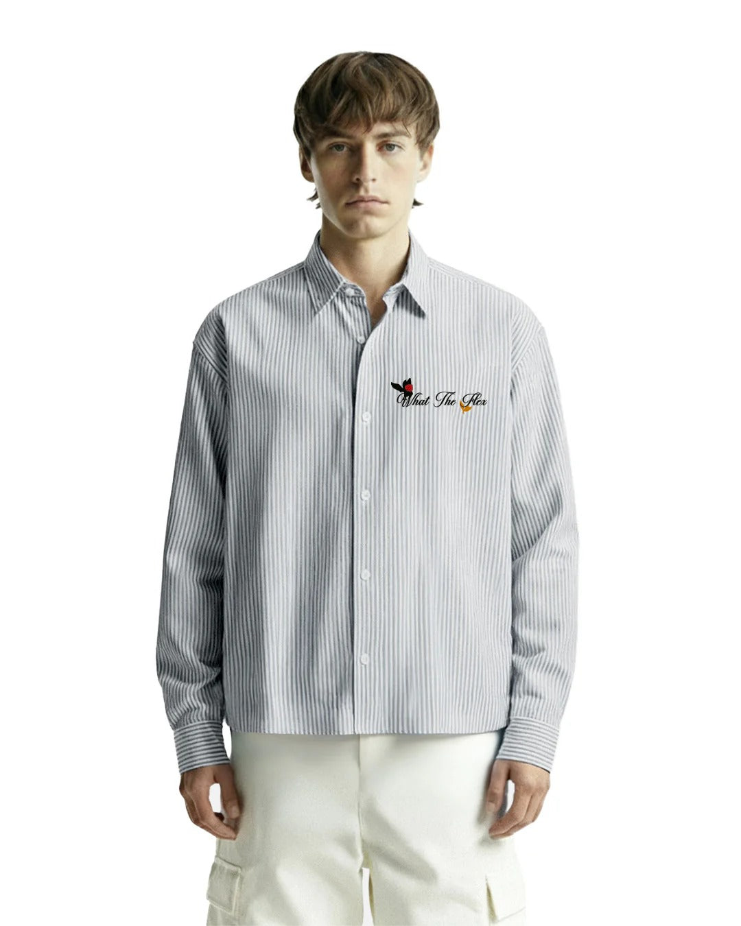 Clothav Not Just A Dream Floral Graphic White Pinstripe Oversized Shirt Jacket for Men & Women | Statement Back Print Streetwear
