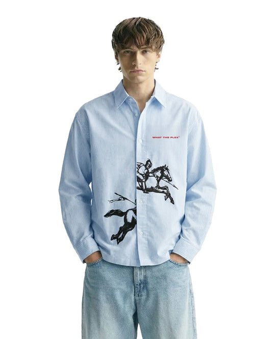 Clothav Equestrian Graphic Striped Oversized Shirt for Men & Women | Light Blue Premium Cotton Streetwear Shirt