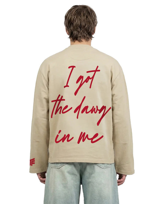 Clothav "I Got The Dawg In Me" Graphic Oversized Full Sleeve T-Shirt for Men & Women | Beige Statement Streetwear Tee