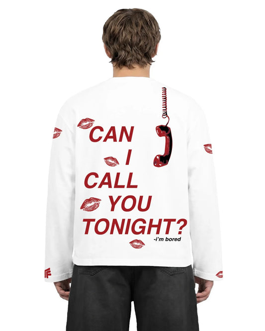 Clothav "Can I Call You Tonight?" Graphic Oversized Full Sleeve T-Shirt for Men & Women | White Statement Streetwear Tee