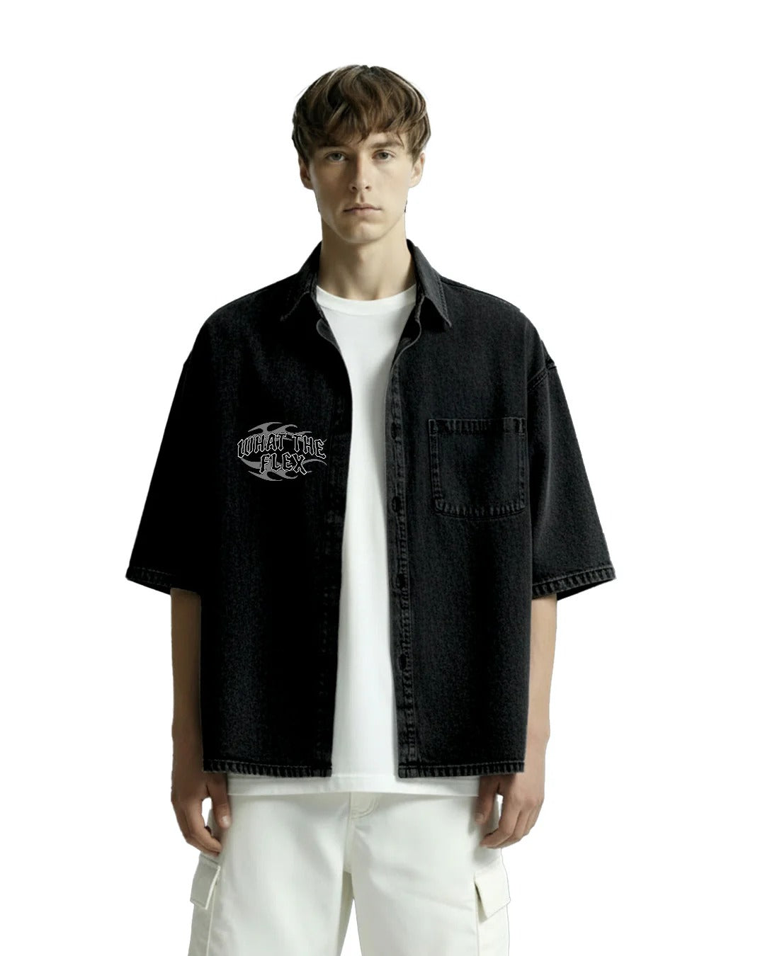 Clothav What The Flex Black Washed Denim Oversized Half Sleeve Shirt for Men & Women | Minimal Graphic Streetwear