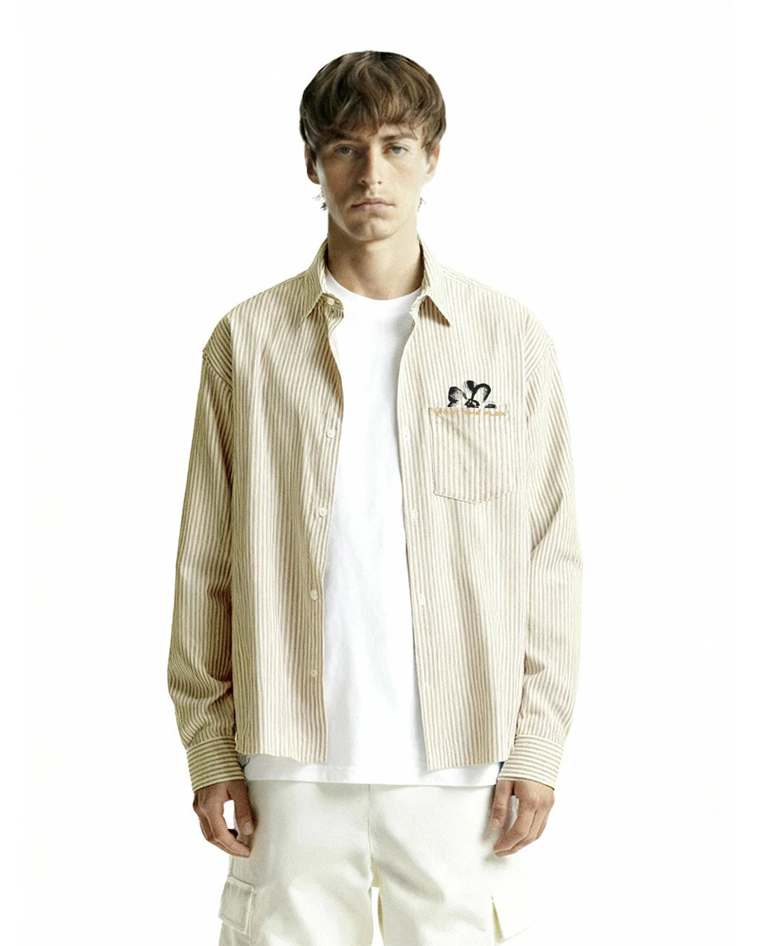 Clothav Give Peace A Chance Graphic Cream Pinstripe Oversized Shirt Jacket for Men & Women | Statement Back Print Streetwear