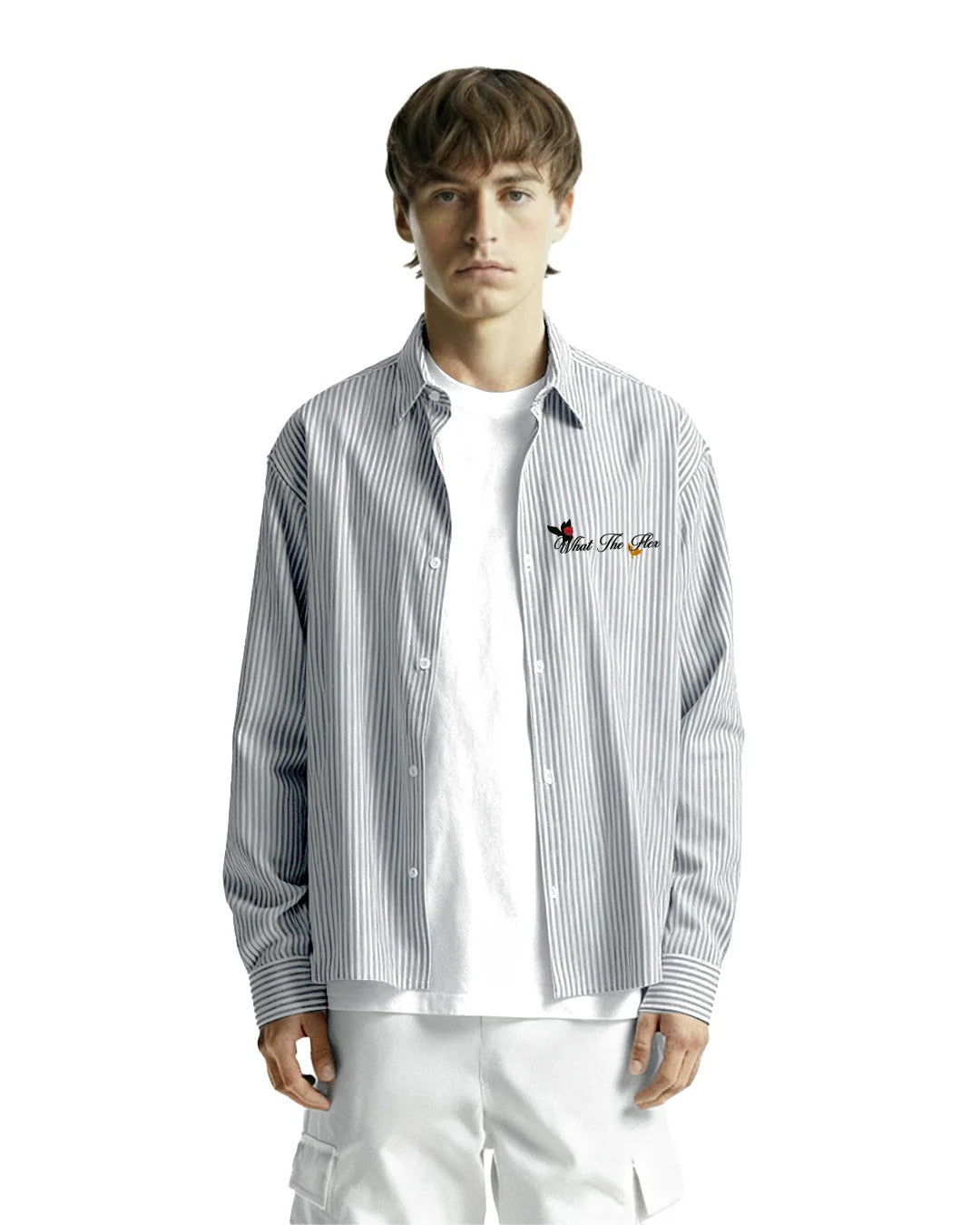 Clothav Not Just A Dream Floral Graphic White Pinstripe Oversized Shirt Jacket for Men & Women | Statement Back Print Streetwear